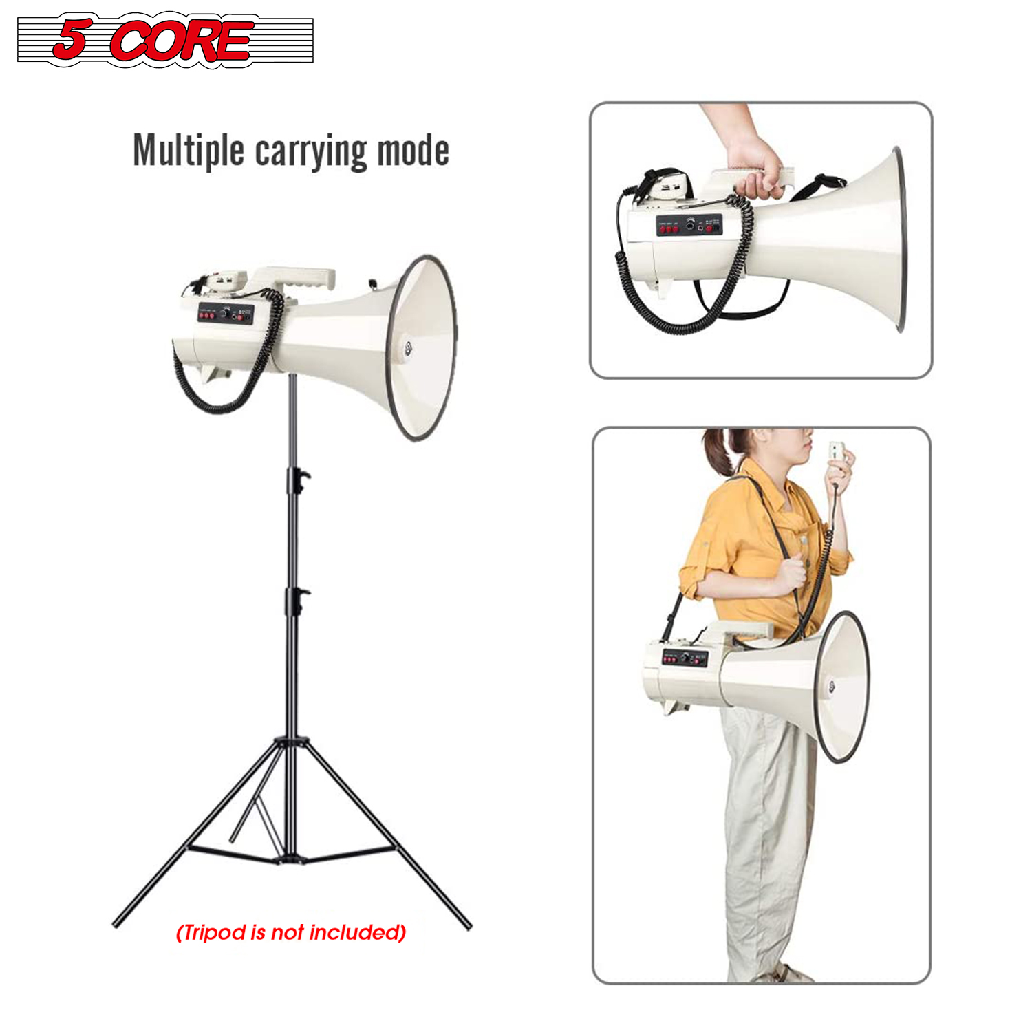 5 Core 4501 USB Megaphone Bullhorn with microphone and siren feature, designed for powerful sound amplification.