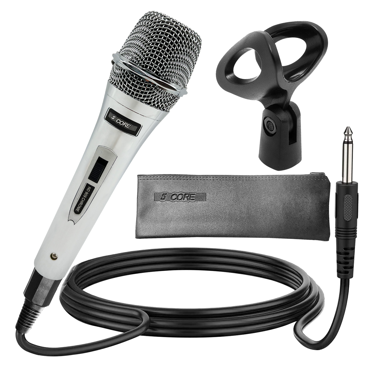 Pro Neodymium Dynamic Microphone ND 909 with XLR connection, showcasing its sleek chrome design and rugged build, ideal for live performances and karaoke.