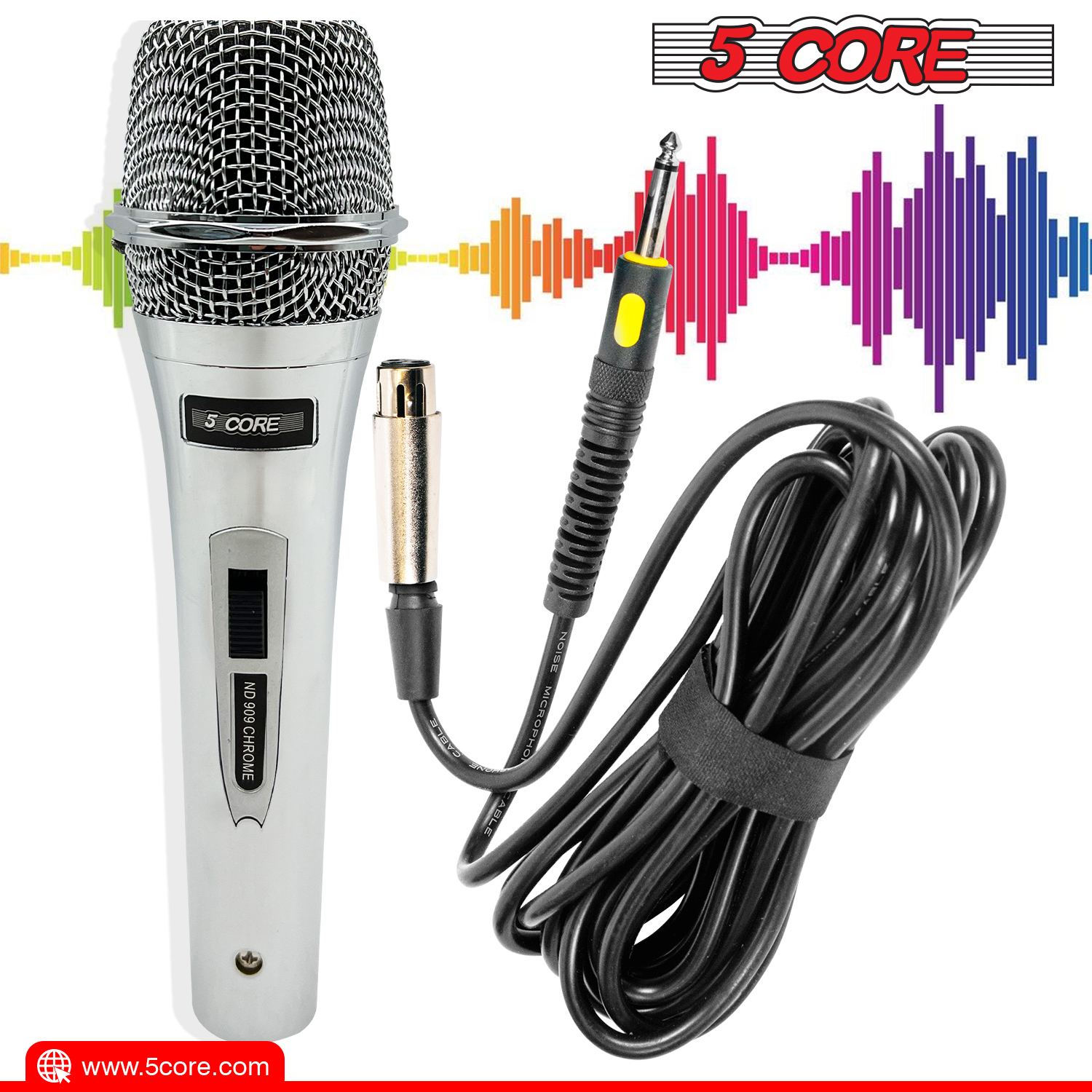 Pro Neodymium Dynamic Microphone ND 909 with XLR connection, showcasing its sleek chrome design and rugged build, ideal for live performances and karaoke.