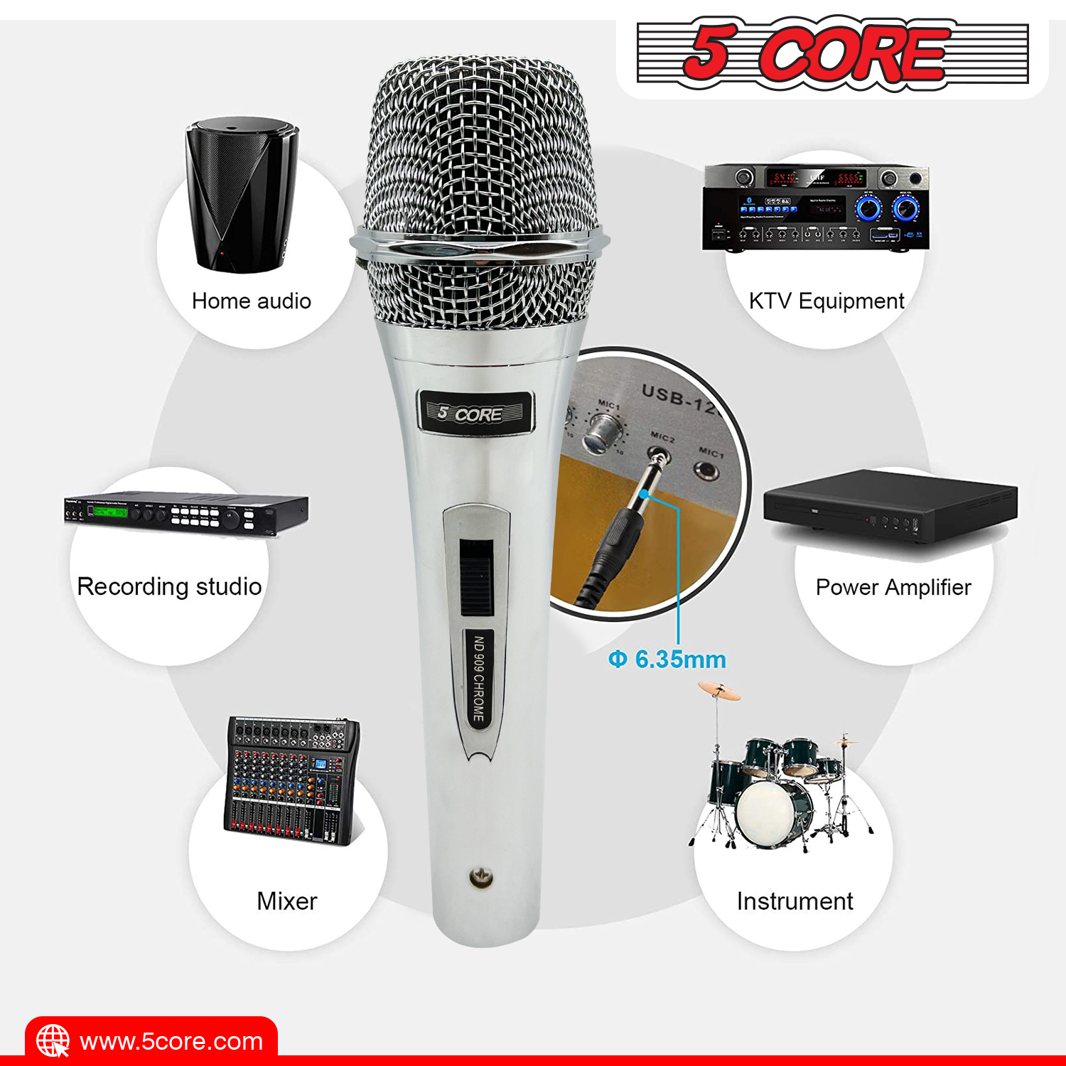 Pro Neodymium Dynamic Microphone ND 909 with XLR connection, showcasing its sleek chrome design and rugged build, ideal for live performances and karaoke.