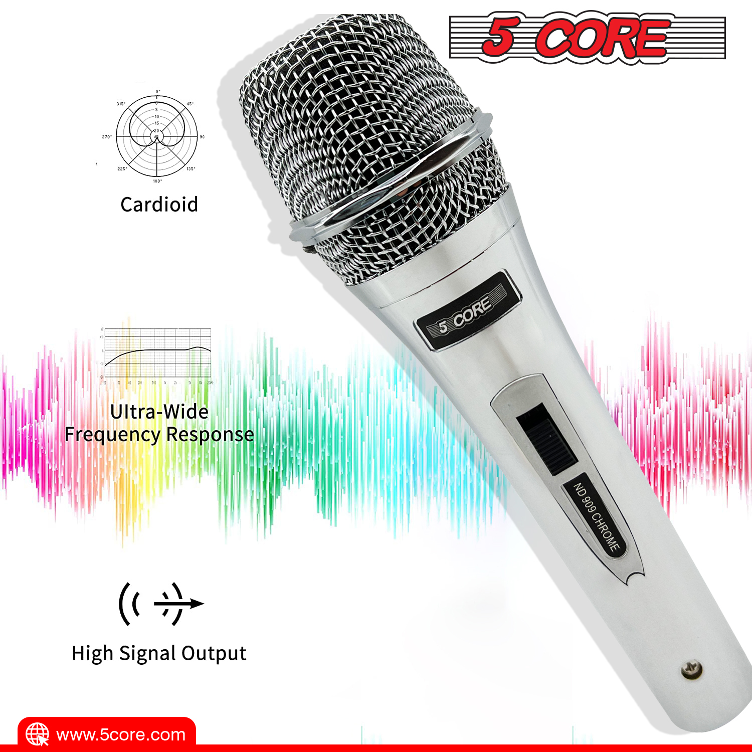 Pro Neodymium Dynamic Microphone ND 909 with XLR connection, showcasing its sleek chrome design and rugged build, ideal for live performances and karaoke.