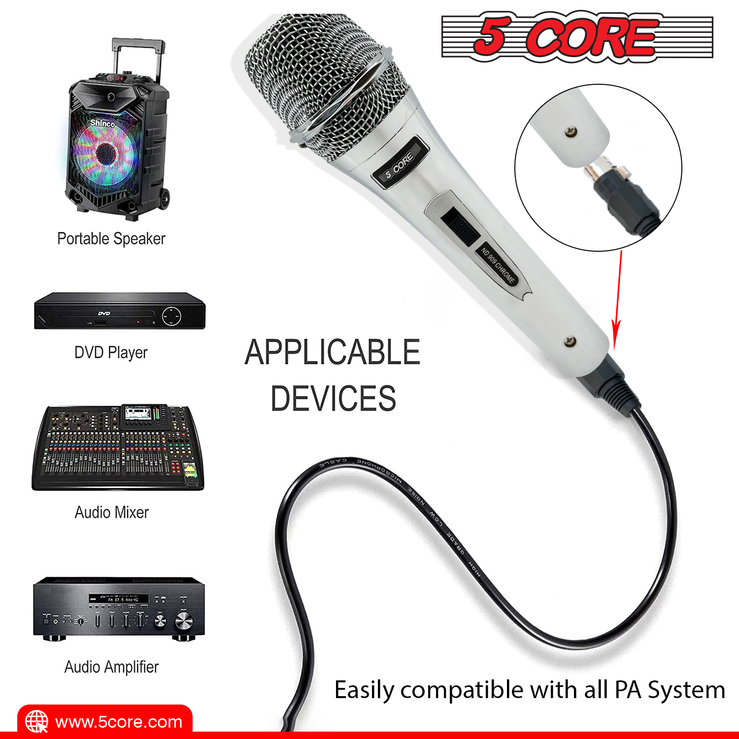 Pro Neodymium Dynamic Microphone ND 909 with XLR connection, showcasing its sleek chrome design and rugged build, ideal for live performances and karaoke.