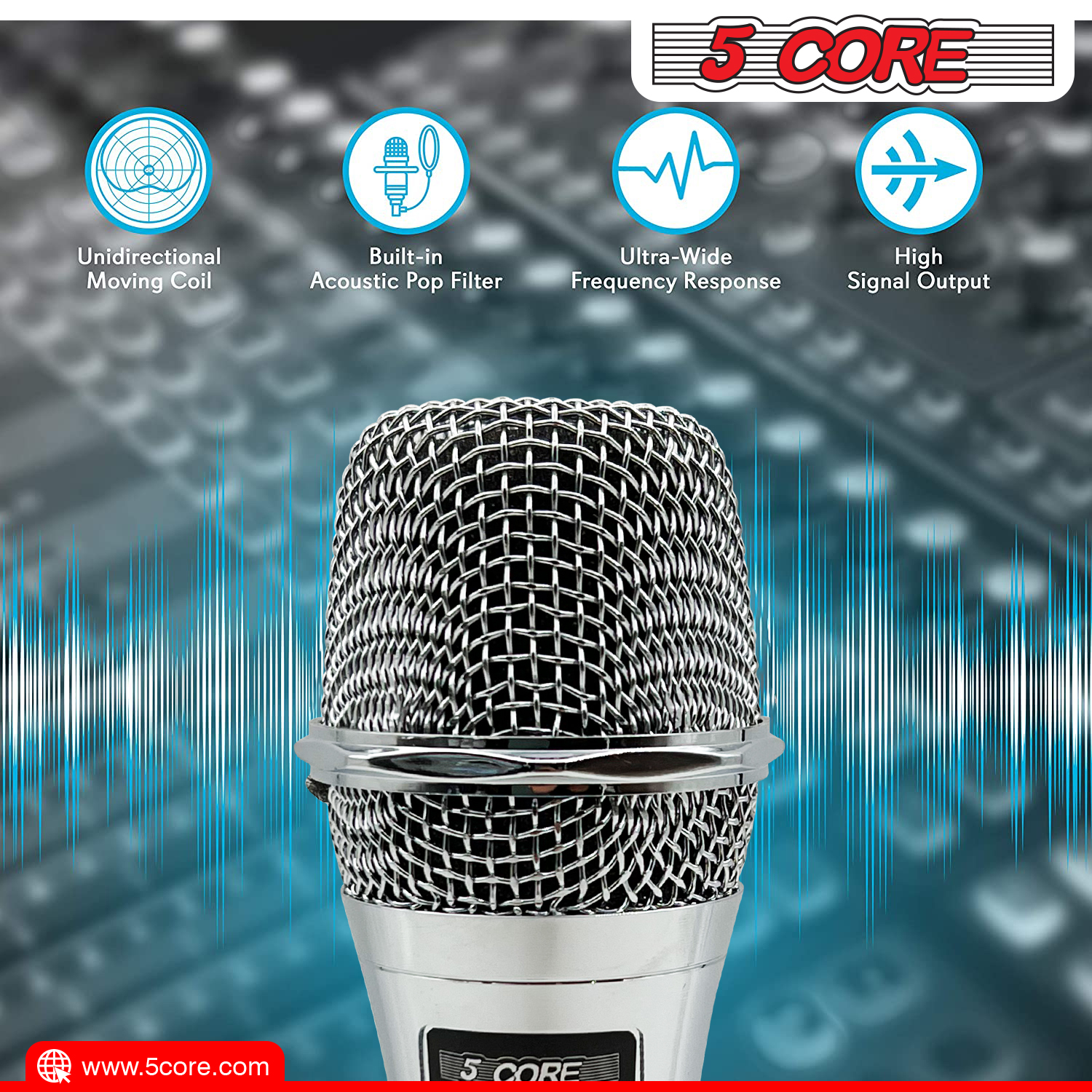 Pro Neodymium Dynamic Microphone ND 909 with XLR connection, showcasing its sleek chrome design and rugged build, ideal for live performances and karaoke.