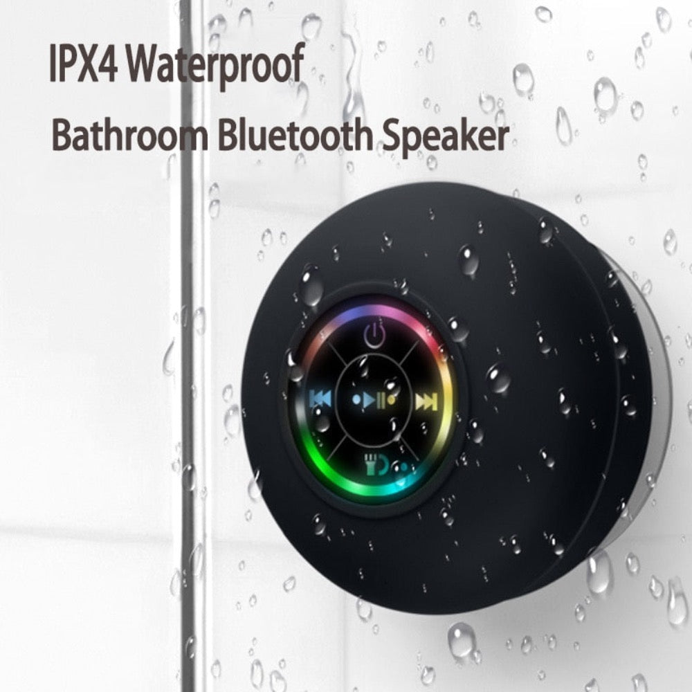 Mini Waterproof RGB Bluetooth Speaker with vibrant LED lights and a strong suction cup, designed for versatile audio enjoyment.