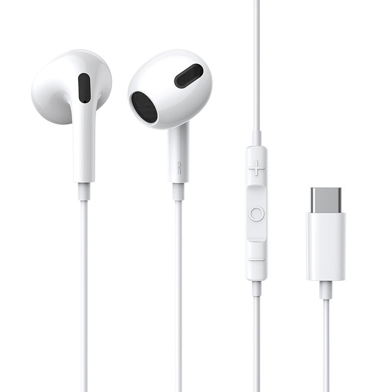 Mobile Phone Type-C Wired Headset in white color with earplug design, featuring a 1.1-meter cable for easy connectivity.