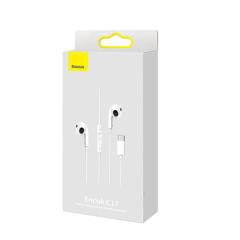 Mobile Phone Type-C Wired Headset in white color with earplug design, featuring a 1.1-meter cable for easy connectivity.