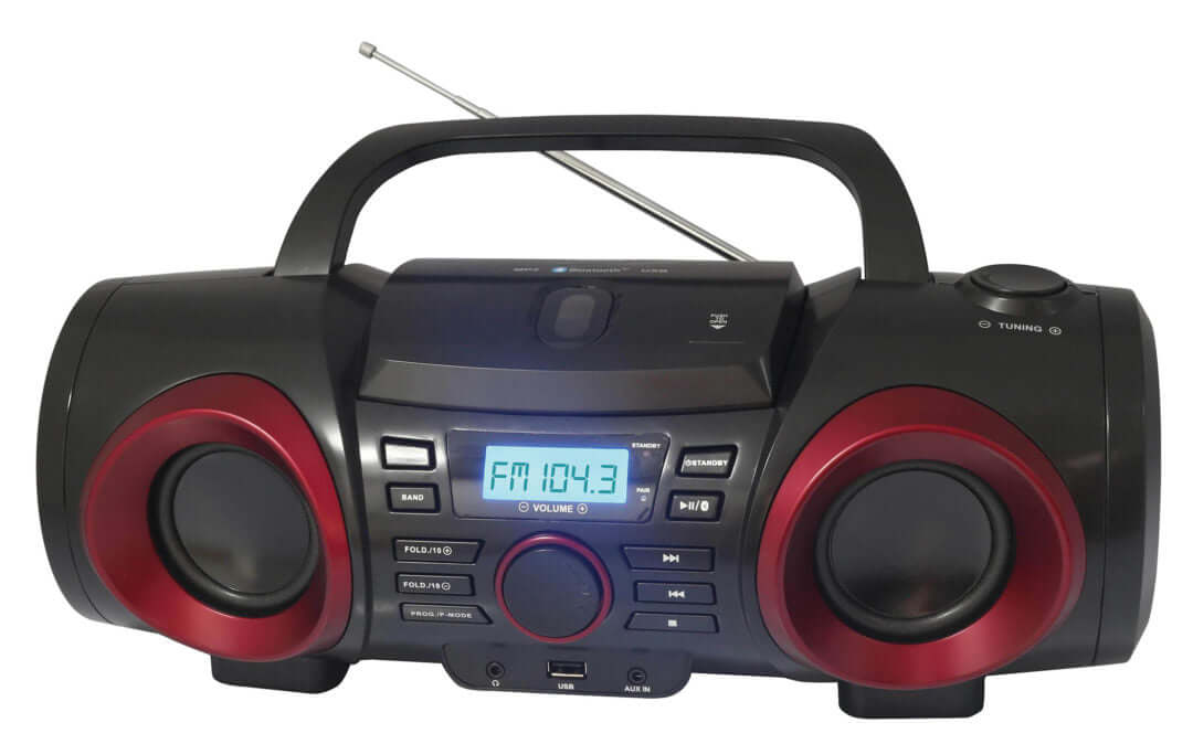 Naxa MP3/CD Boombox with Bluetooth in black and red, showcasing its sleek design and control panel.