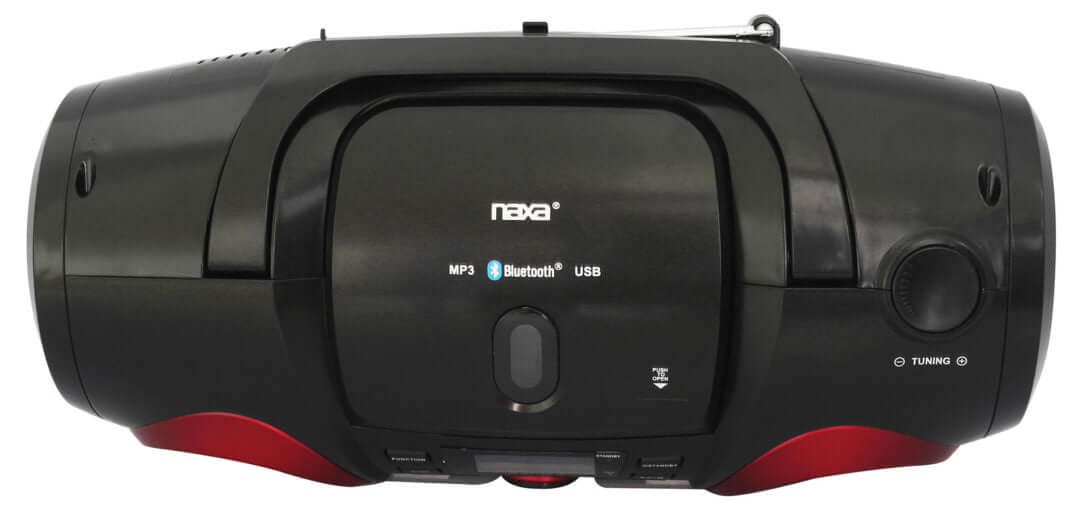 Naxa MP3/CD Boombox with Bluetooth in black and red, showcasing its sleek design and control panel.