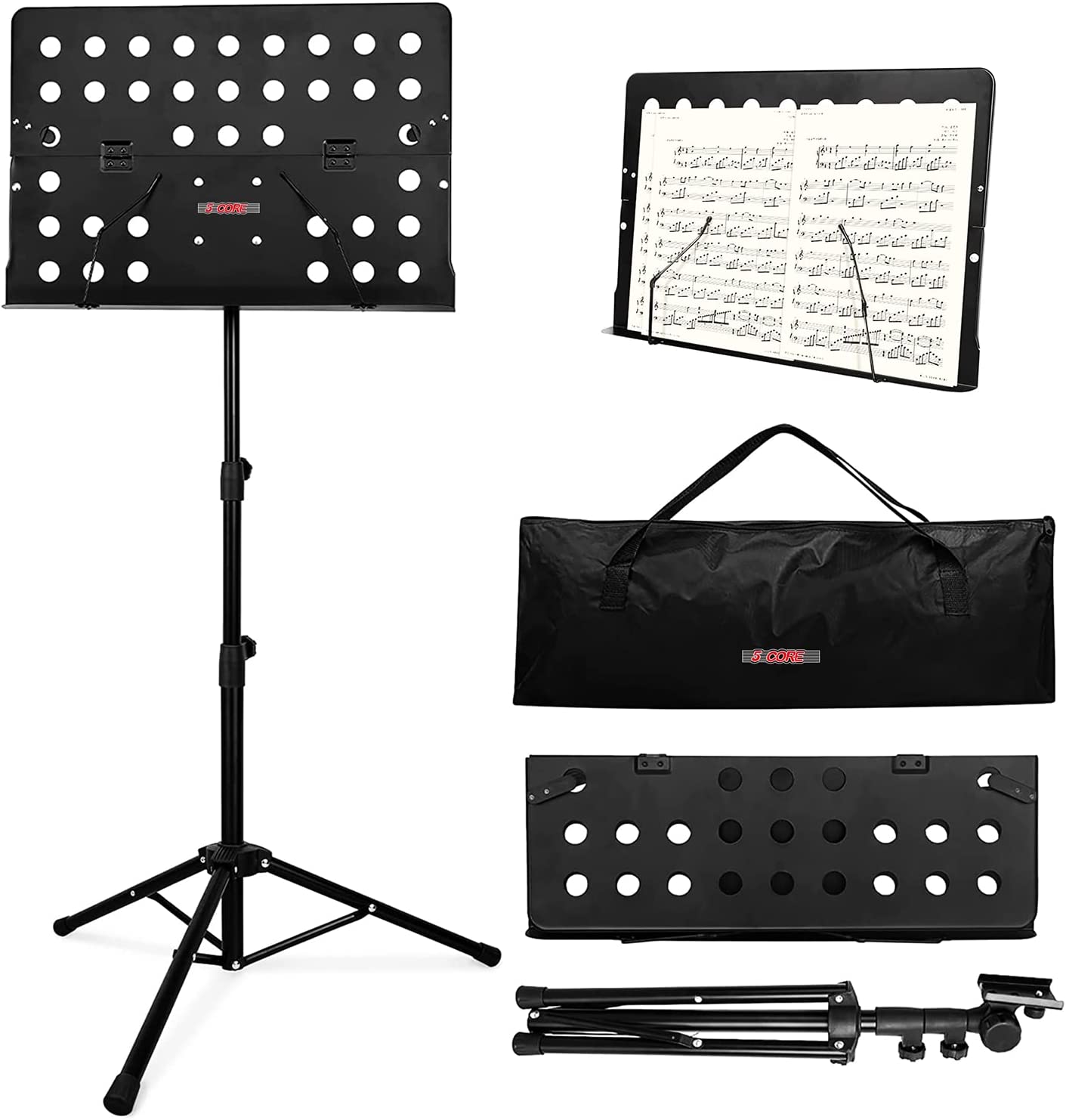 Lightweight and portable music stand for sheet music, featuring a sturdy metal tripod and adjustable height.