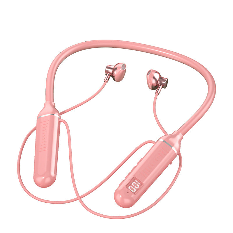 Neck-worn Wireless Bluetooth Headset in black, blue, and pink colors, showcasing its sleek design and display function.