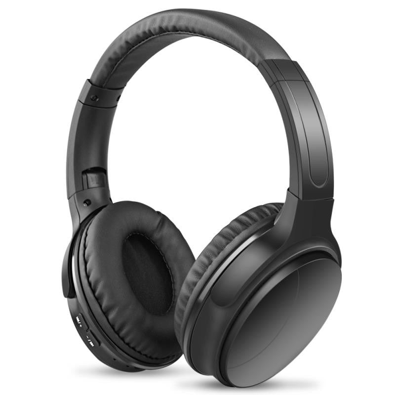 Noise Cancelling Folding Wireless Headset in black, showcasing its sleek design and comfortable ear cushions.