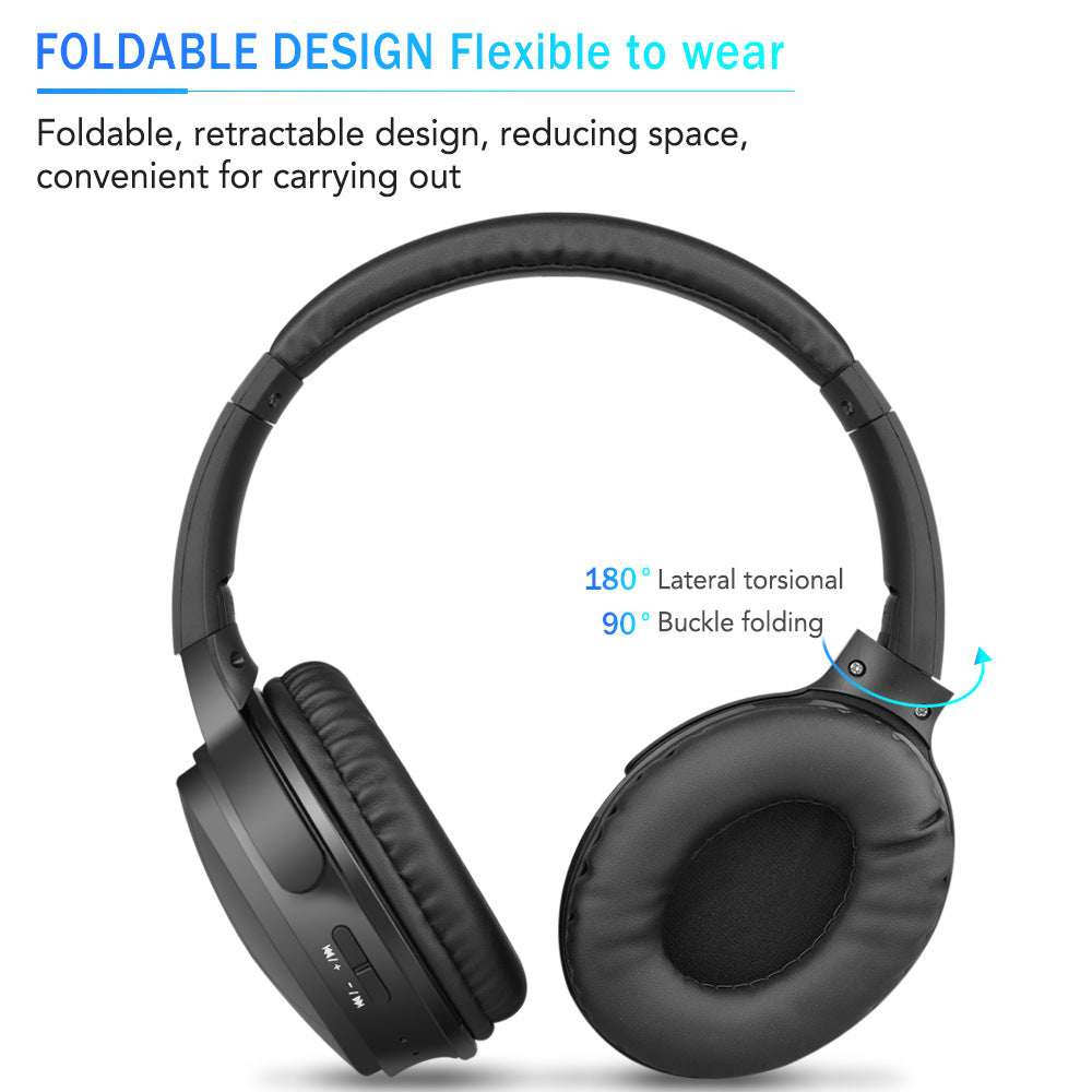 Noise Cancelling Folding Wireless Headset in black, showcasing its sleek design and comfortable ear cushions.