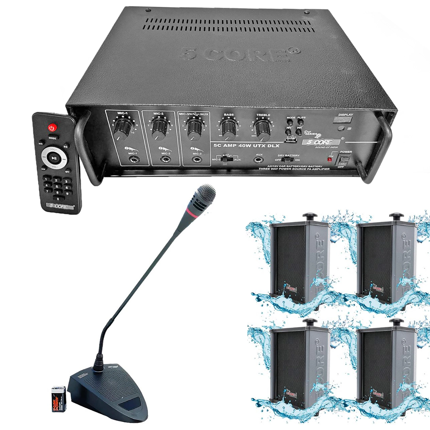 5 Core PA Paging System with Amplifier, 4 Wall Speakers, and a Microphone, showcasing a complete audio setup for commercial and home use.