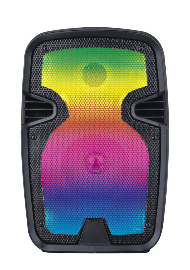 Portable 8 inch Bluetooth Blaze Party Speaker with vibrant disco lights and a wired microphone, perfect for parties.