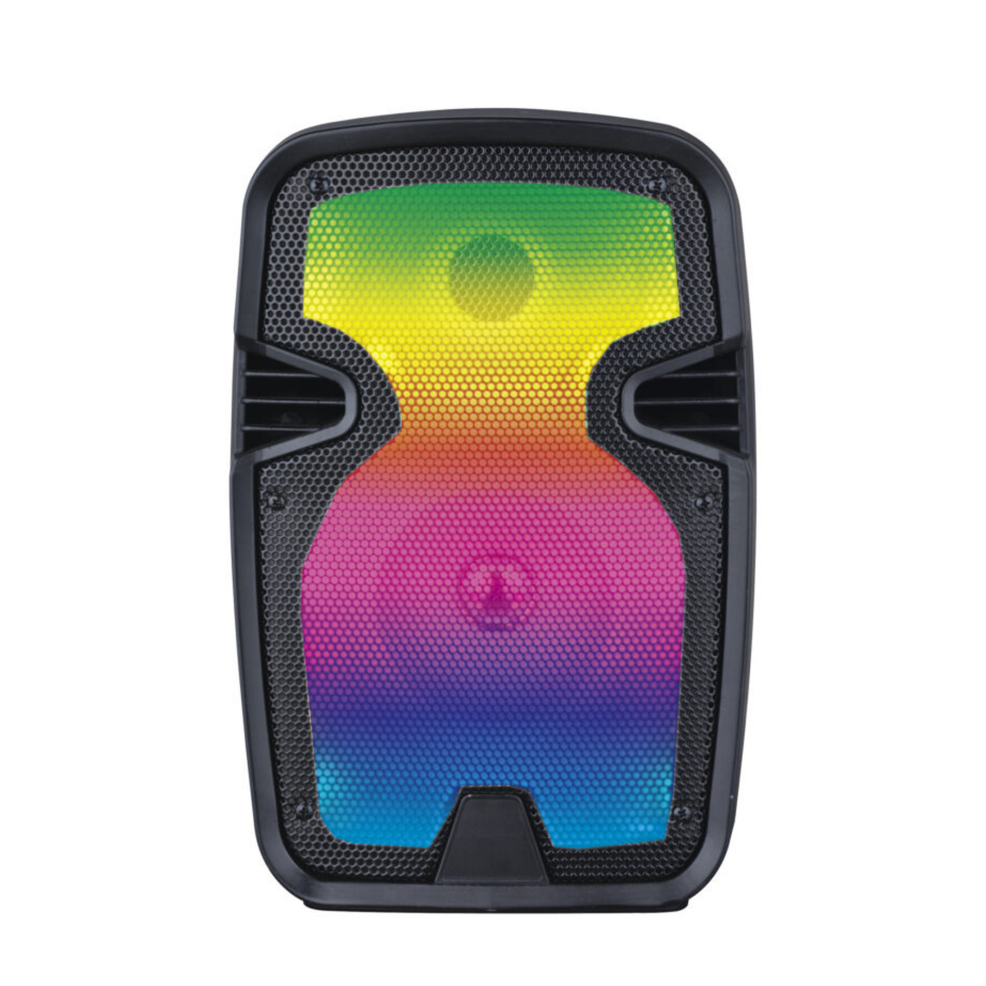 Portable 8 inch Bluetooth Blaze Party Speaker with vibrant disco lights and a wired microphone, perfect for parties.