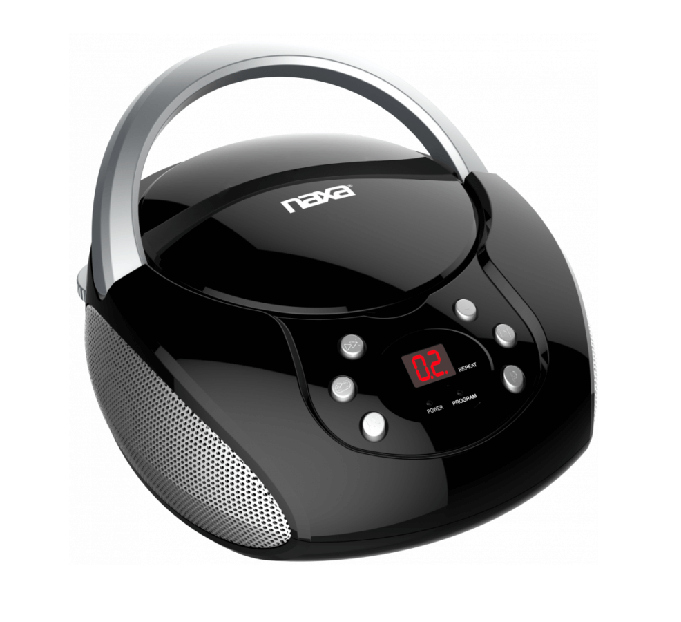 Naxa Portable CD Boombox NPB-240 with top-loading CD player and AM/FM radio, designed for portability and high-quality sound.