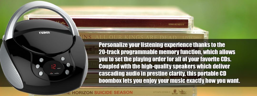 Naxa Portable CD Boombox NPB-240 with top-loading CD player and AM/FM radio, designed for portability and high-quality sound.