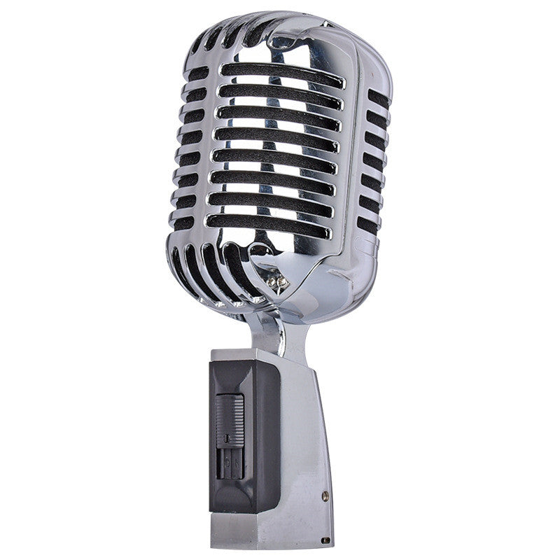 Retro Metal Home Stage Microphone in black and silver, showcasing its vintage design and wired connection.