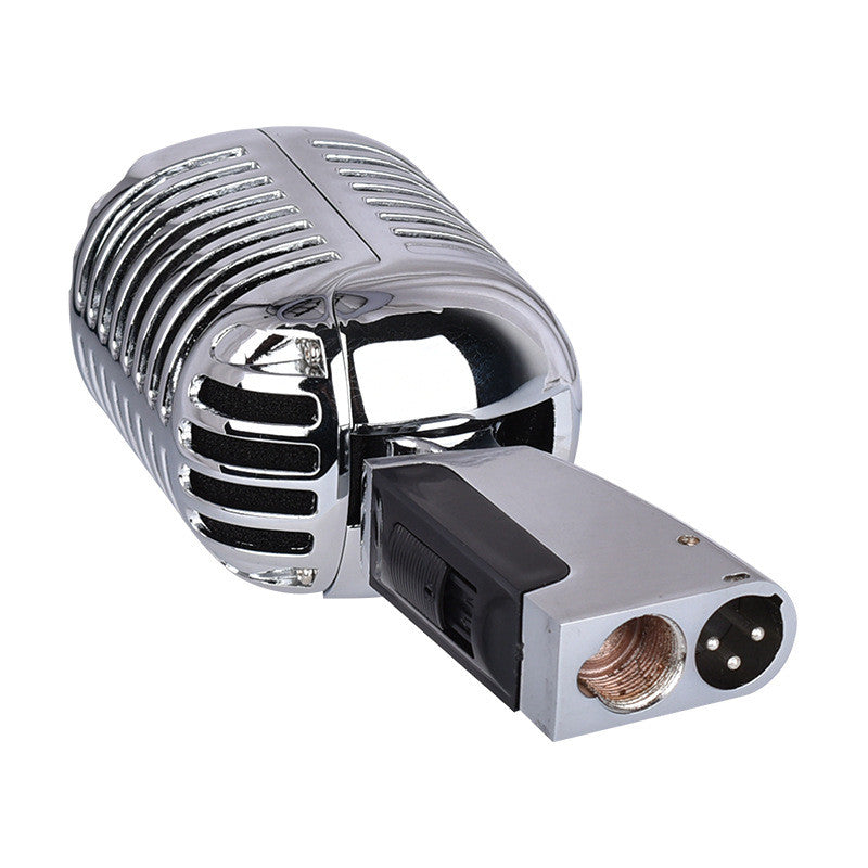 Retro Metal Home Stage Microphone in black and silver, showcasing its vintage design and wired connection.