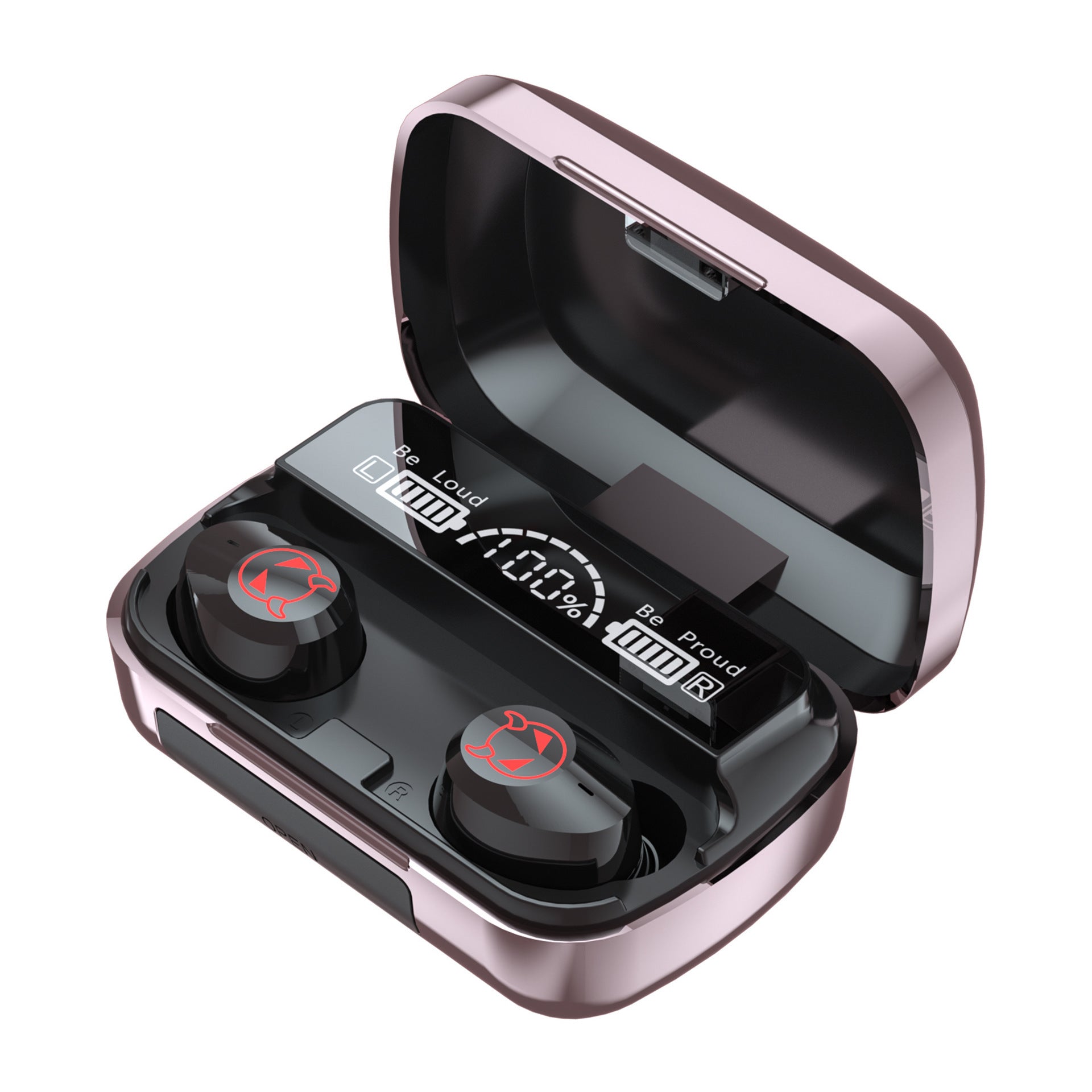 Sports In Ear Bilateral Stereo Wireless Bluetooth Headset in black, pink, and red colors, showcasing its sleek design and earplug style.