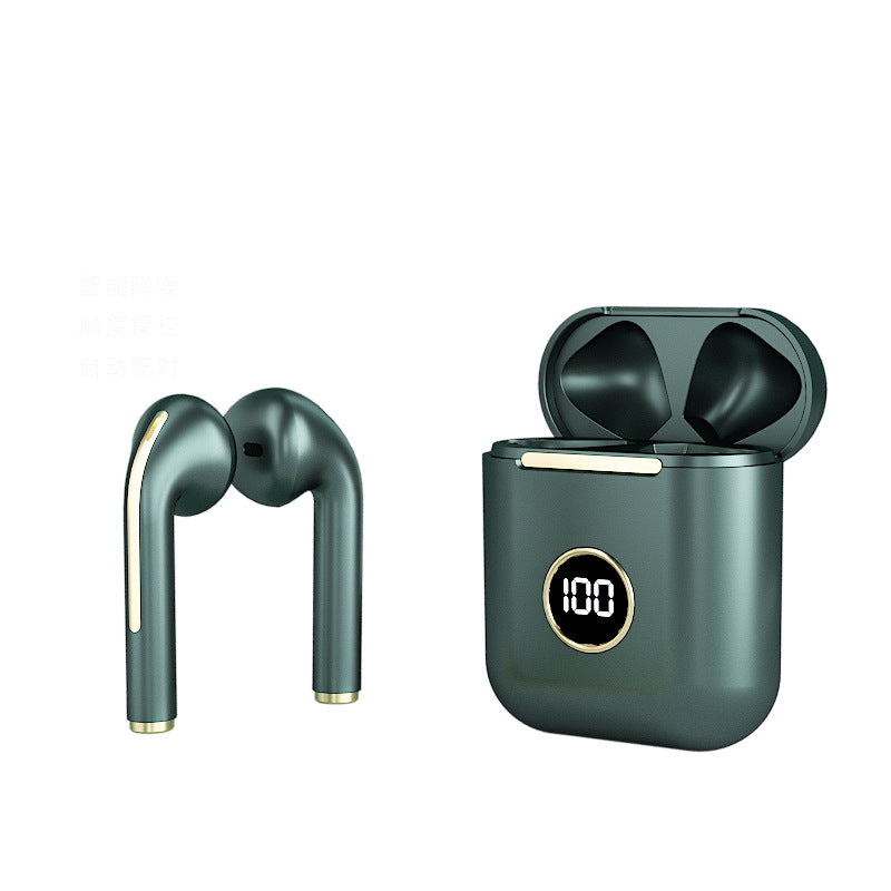 Sports Wireless Bluetooth Earphone with Noise Reduction, featuring a sleek design and compact charging case.