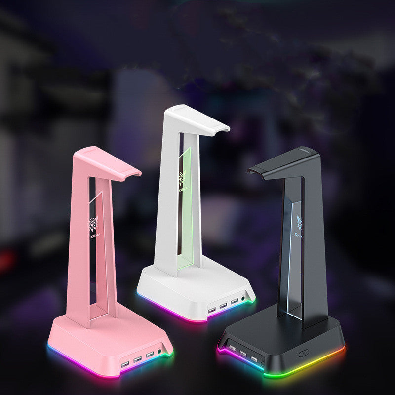 Stand Illuminated Headphone Display Stand in black with RGB lighting, showcasing its sleek design and USB ports.