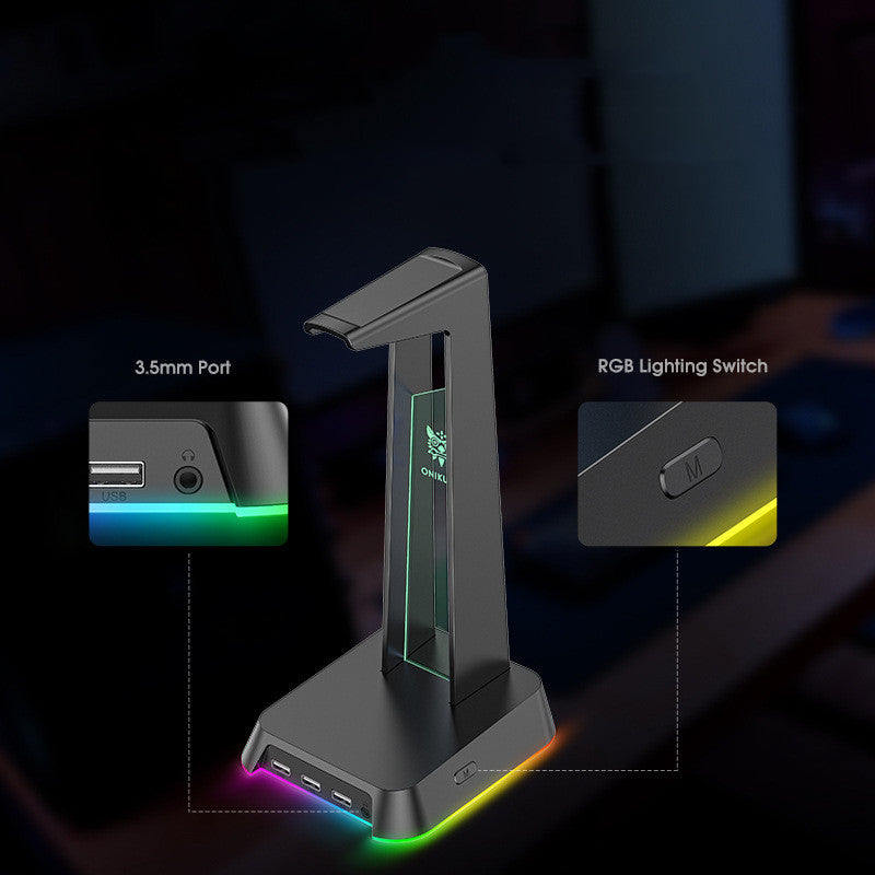 Stand Illuminated Headphone Display Stand in black with RGB lighting, showcasing its sleek design and USB ports.