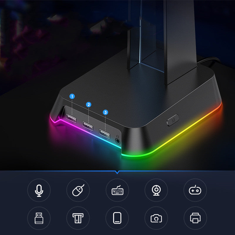 Stand Illuminated Headphone Display Stand in black with RGB lighting, showcasing its sleek design and USB ports.