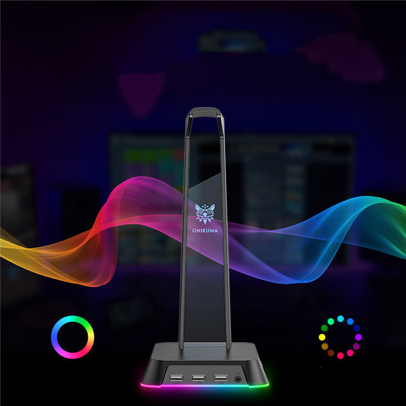 Stand Illuminated Headphone Display Stand in black with RGB lighting, showcasing its sleek design and USB ports.