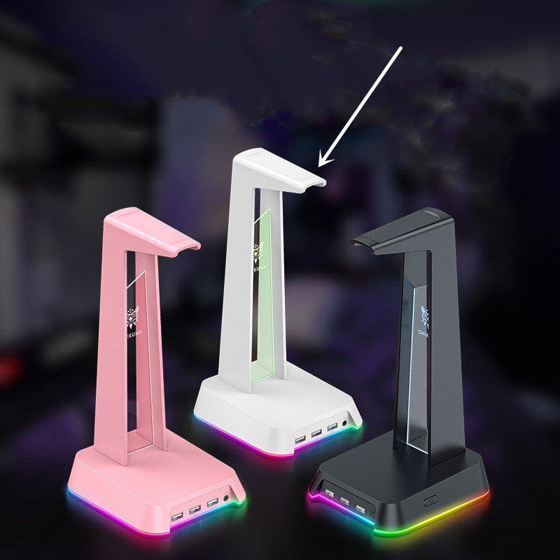 Stand Illuminated Headphone Display Stand in black with RGB lighting, showcasing its sleek design and USB ports.