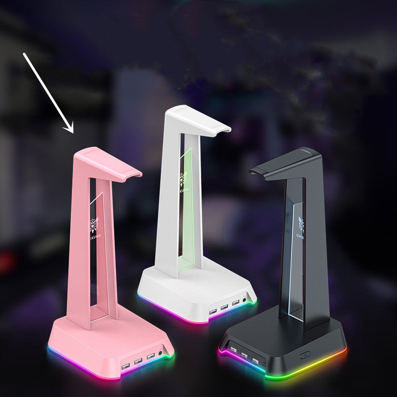 Stand Illuminated Headphone Display Stand in black with RGB lighting, showcasing its sleek design and USB ports.