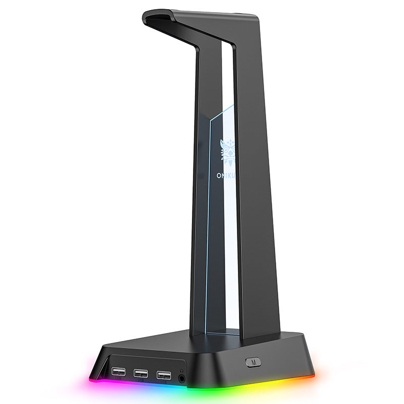 Stand Illuminated Headphone Display Stand in black with RGB lighting, showcasing its sleek design and USB ports.