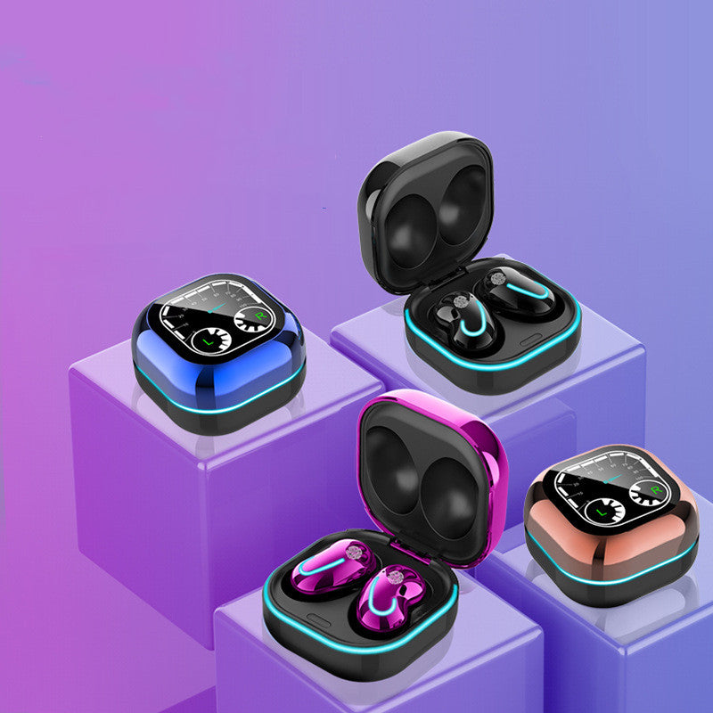 Timetable Display Wireless Mini Touch Bluetooth Headset in various colors including black, white, purple, and blue, showcasing its compact design and stylish appearance.