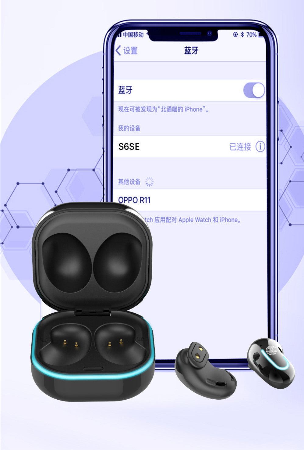 Timetable Display Wireless Mini Touch Bluetooth Headset in various colors including black, white, purple, and blue, showcasing its compact design and stylish appearance.