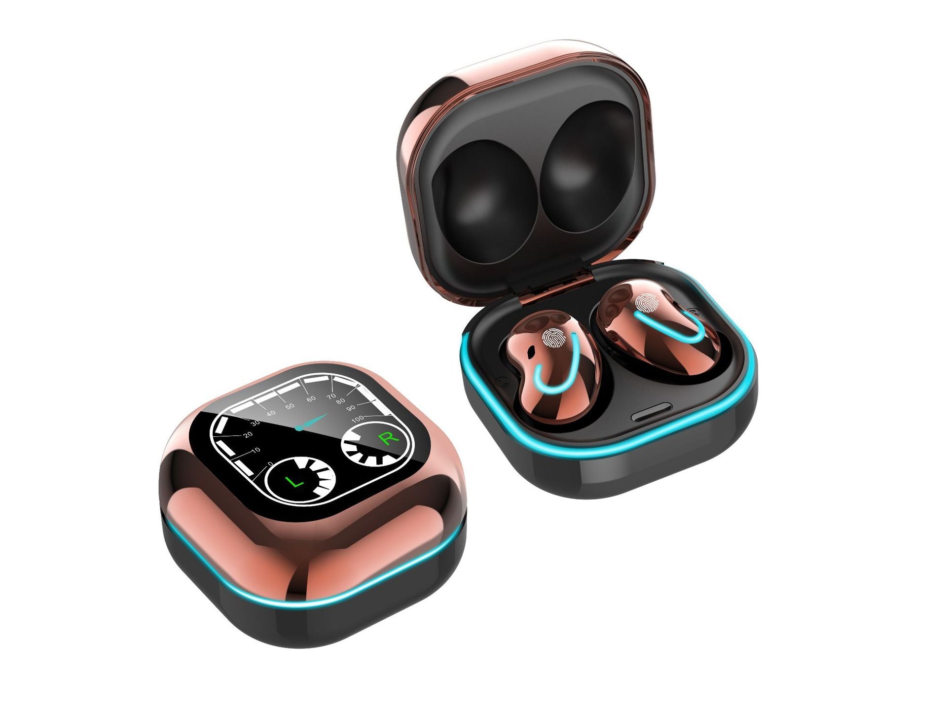 Timetable Display Wireless Mini Touch Bluetooth Headset in various colors including black, white, purple, and blue, showcasing its compact design and stylish appearance.