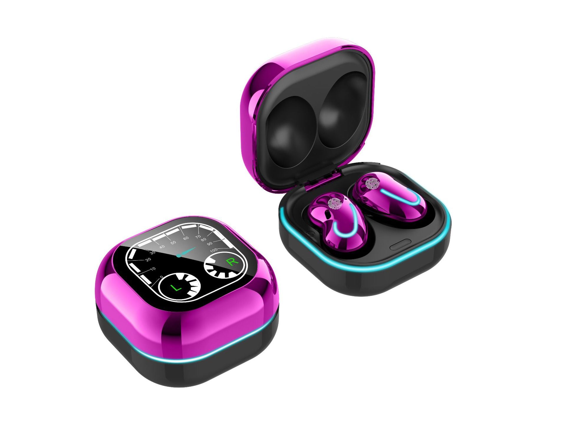 Timetable Display Wireless Mini Touch Bluetooth Headset in various colors including black, white, purple, and blue, showcasing its compact design and stylish appearance.