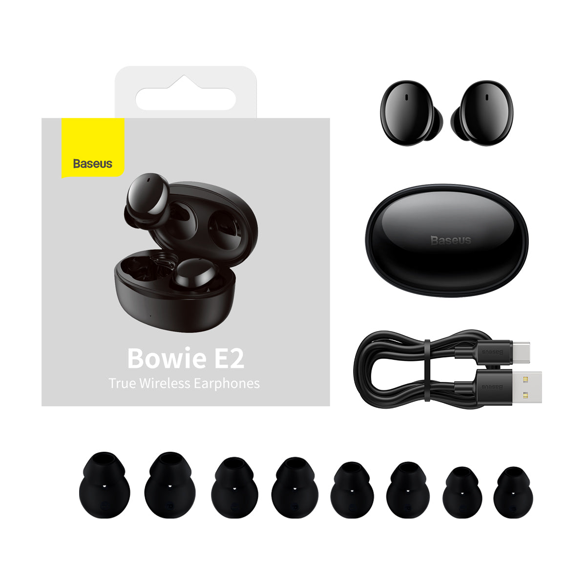 True Wireless Earphones in Bowie Black, featuring a sleek design and comfortable fit, ideal for music lovers.