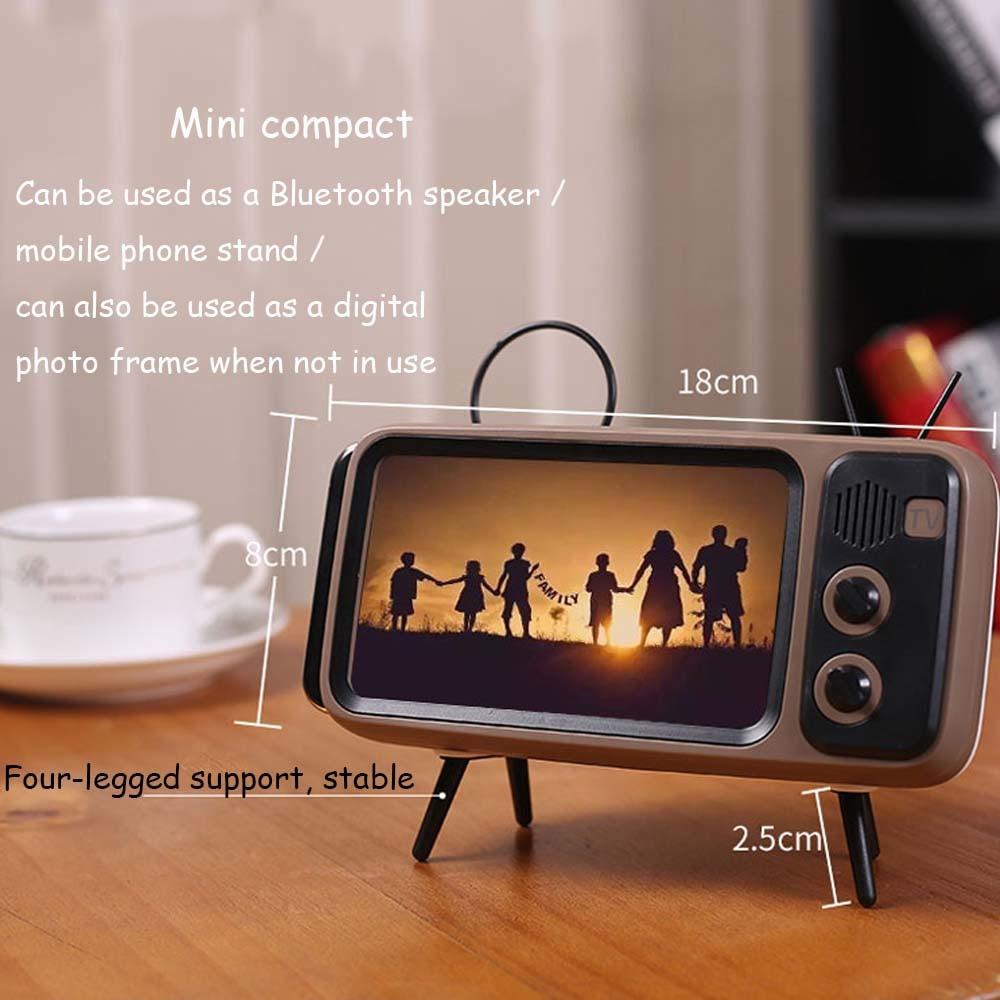 Retro TV design Bluetooth speaker with phone holder, compact and stylish for modern audio needs.