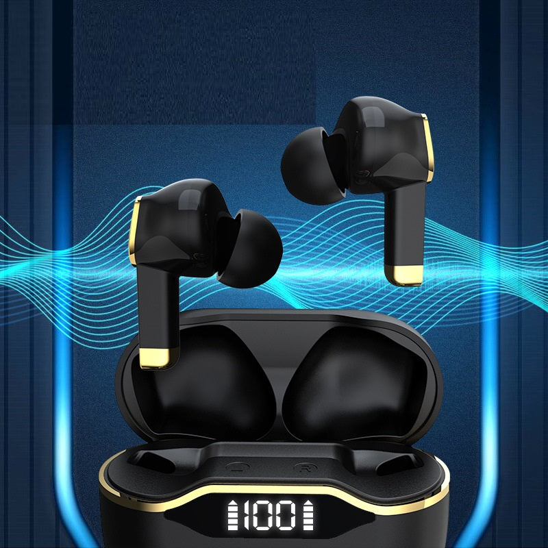 TWS Earphones with LED display and IPX5 waterproof design, showcasing sleek earbuds and charging case.