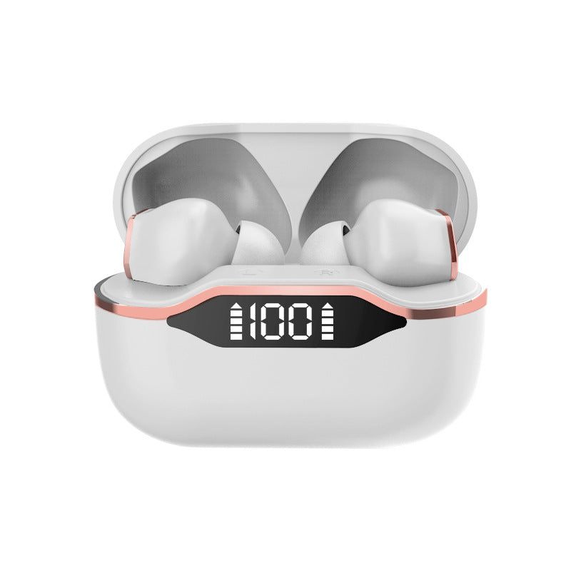 TWS Earphones with LED display and IPX5 waterproof design, showcasing sleek earbuds and charging case.