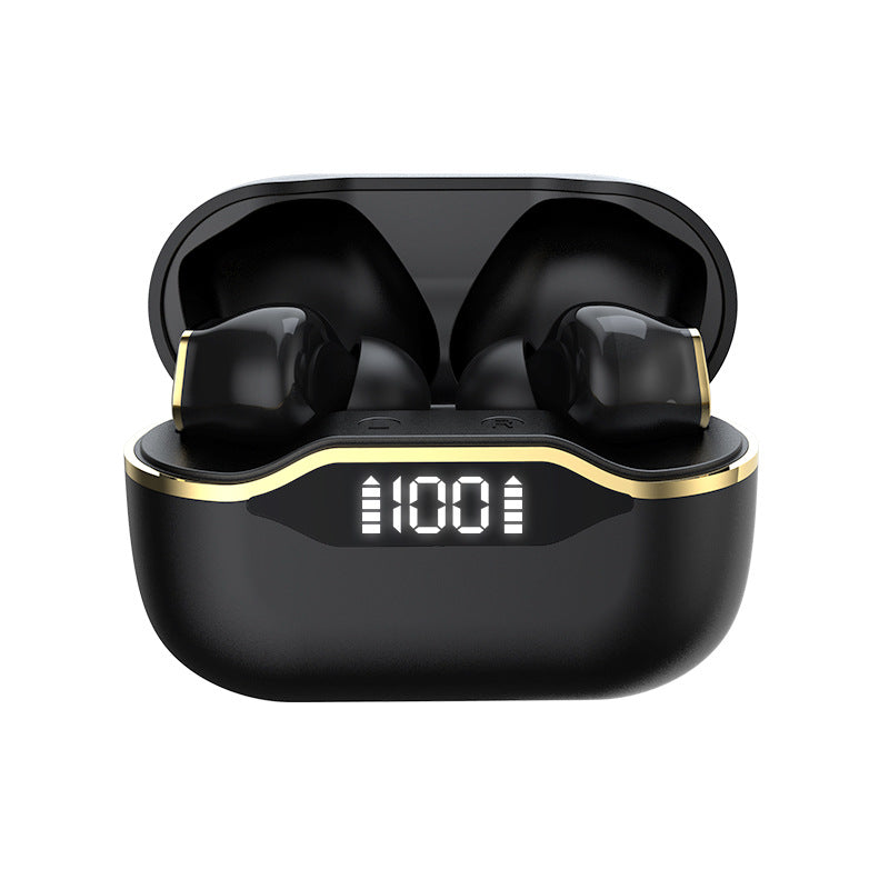 TWS Earphones with LED display and IPX5 waterproof design, showcasing sleek earbuds and charging case.