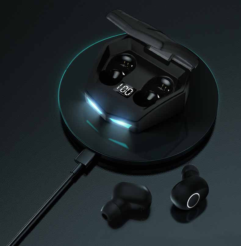 TWS Gaming Headset in black color with wireless Bluetooth technology, showcasing sleek design and comfortable earplugs.