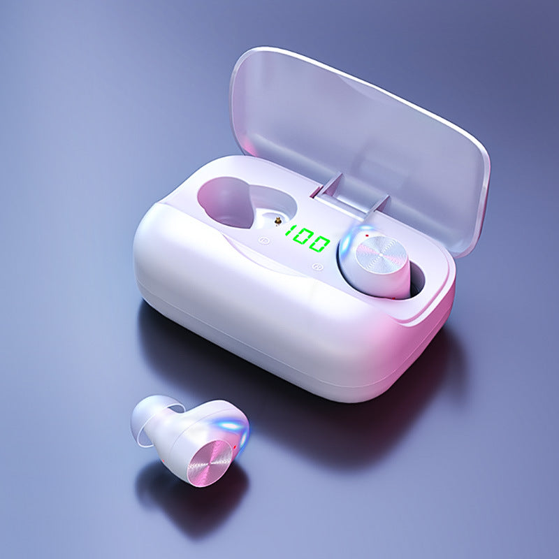 Wireless Bluetooth Headset 5.0 Earbuds with charging bay and data cable, showcasing sleek design and modern technology.