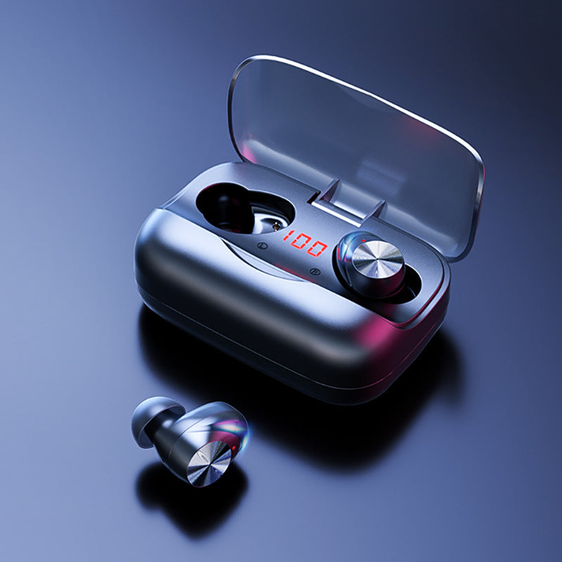 Wireless Bluetooth Headset 5.0 Earbuds with charging bay and data cable, showcasing sleek design and modern technology.