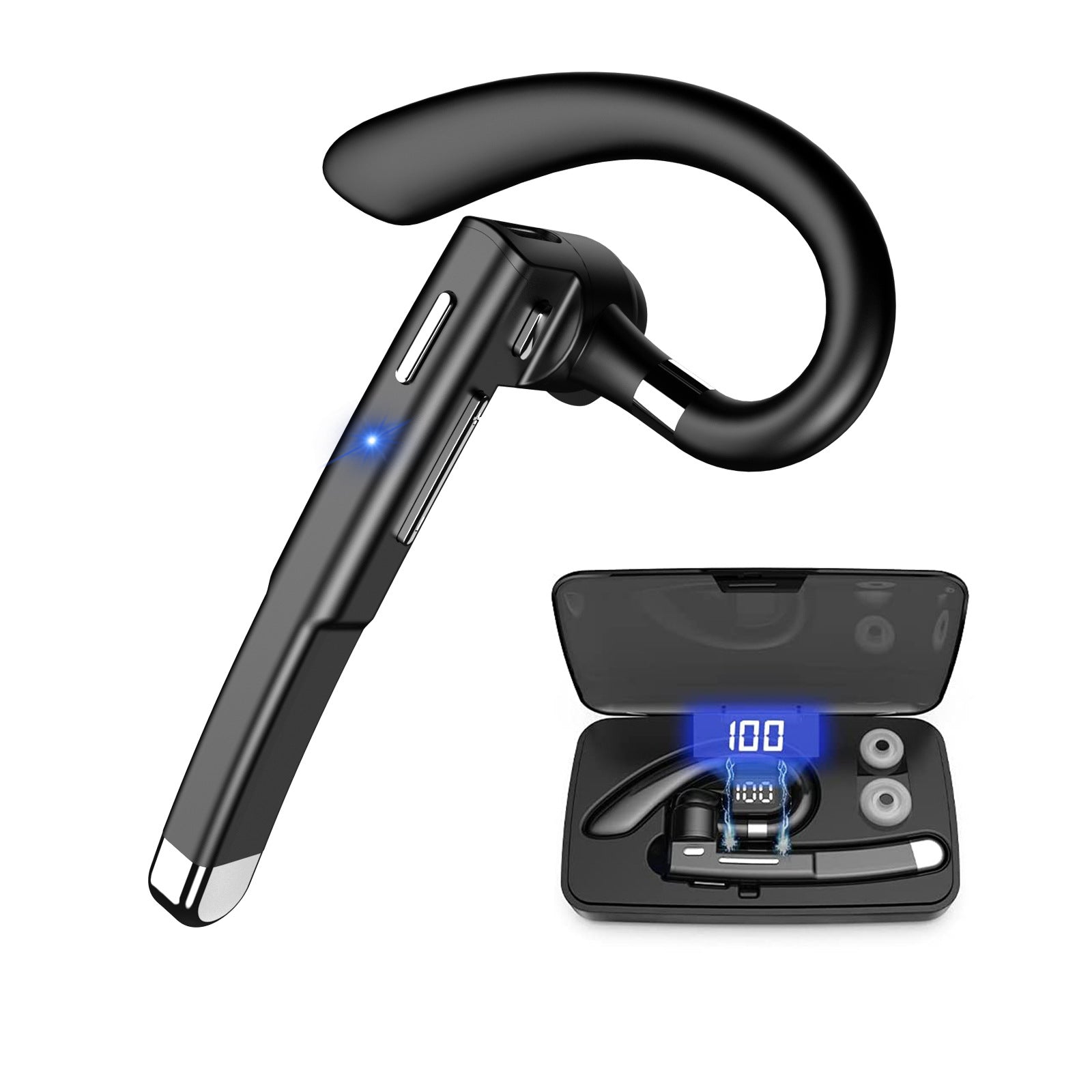 Wireless Bluetooth Headset with ENC Call Noise Reduction, featuring a sleek design and compact charging case.