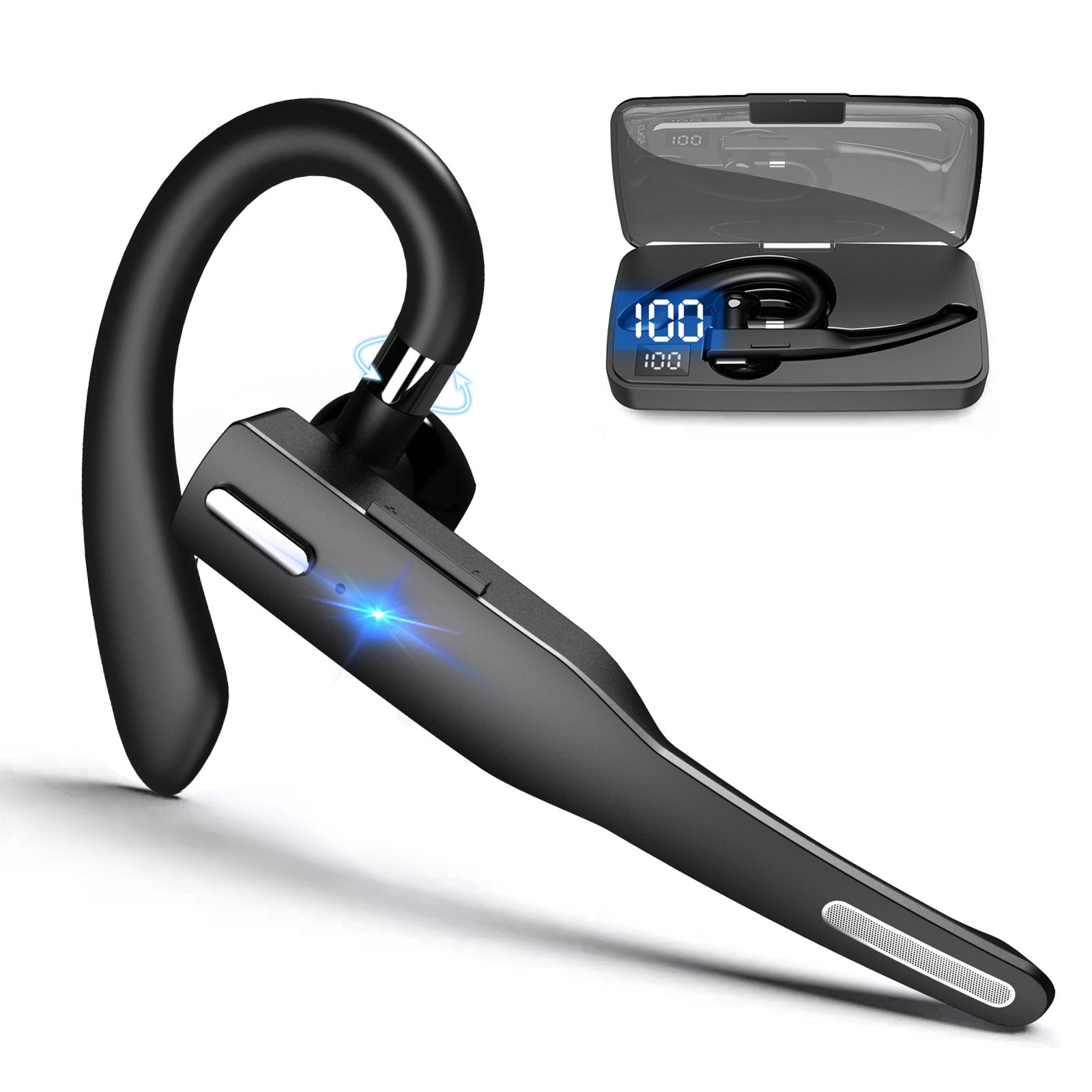 Wireless Bluetooth Headset with ENC Call Noise Reduction, featuring a sleek design and compact charging case.