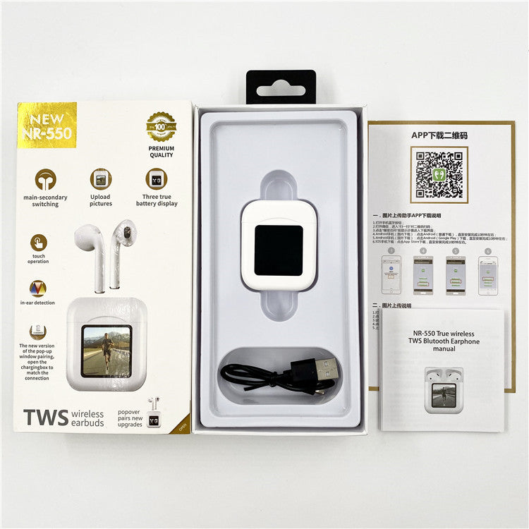 Wireless Bluetooth Headset with high-definition LCD display in white color, showcasing its sleek design and advanced features.