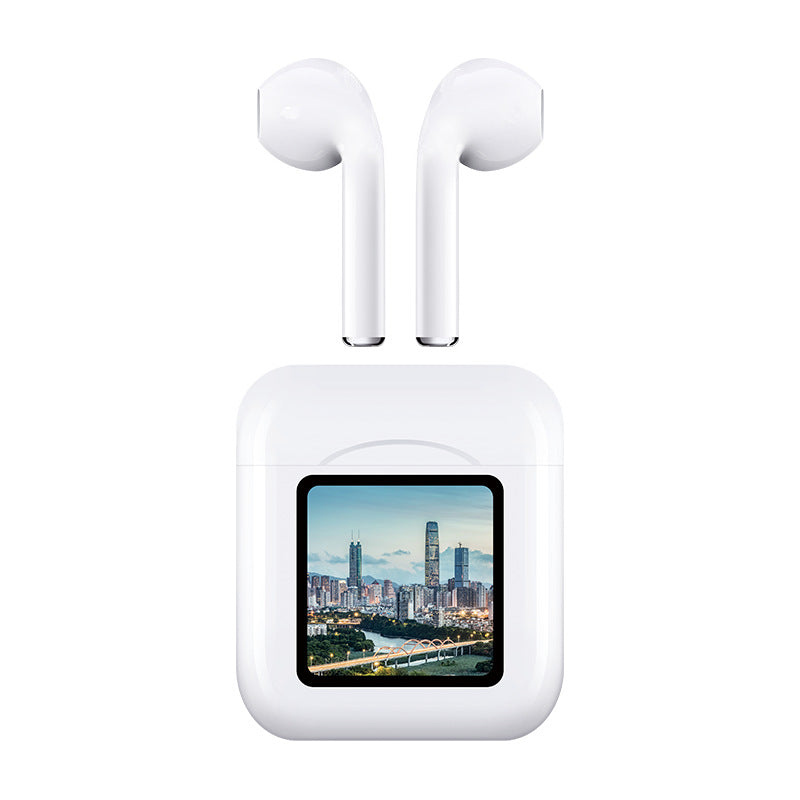 Wireless Bluetooth Headset with high-definition LCD display in white color, showcasing its sleek design and advanced features.