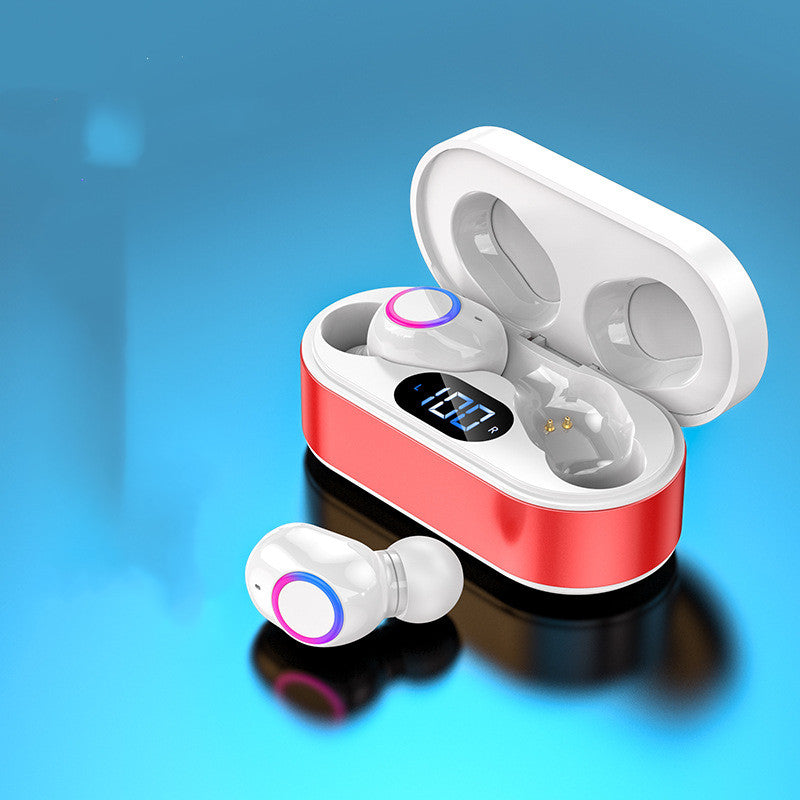 Wireless Bluetooth Headset with a sleek metal shell design, showcasing its earplugs and charging cable.