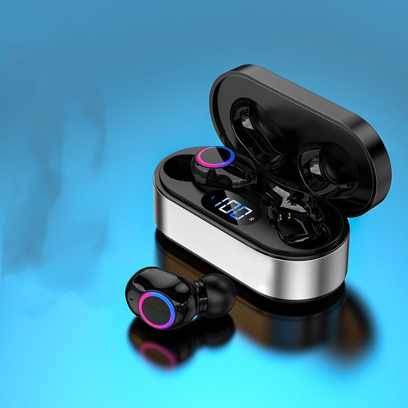 Wireless Bluetooth Headset with a sleek metal shell design, showcasing its earplugs and charging cable.